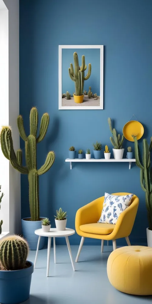 Yellow Armchair With A White Frame On The Wall And A White Table With Cactuses In A Blue Room 12 8d00