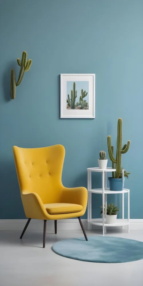 Yellow Armchair With A White Frame On The Wall And A White Table With Cactuses In A Blue Room 15 A75b