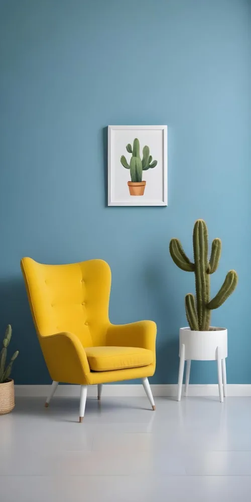 Yellow Armchair With A White Frame On The Wall And A White Table With Cactuses In A Blue Room 18 86fb