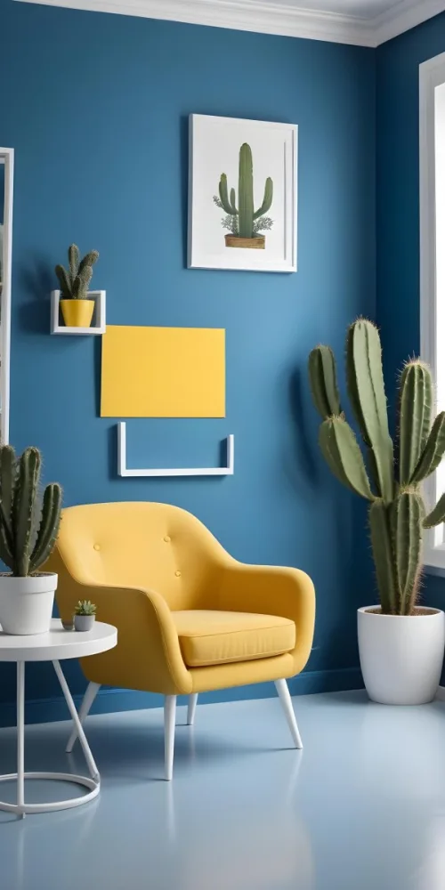 Yellow Armchair With A White Frame On The Wall And A White Table With Cactuses In A Blue Room 26 0958