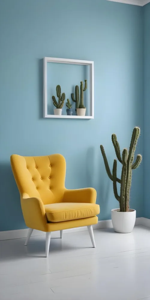 Yellow Armchair With A White Frame On The Wall And A White Table With Cactuses In A Blue Room 31 80d7
