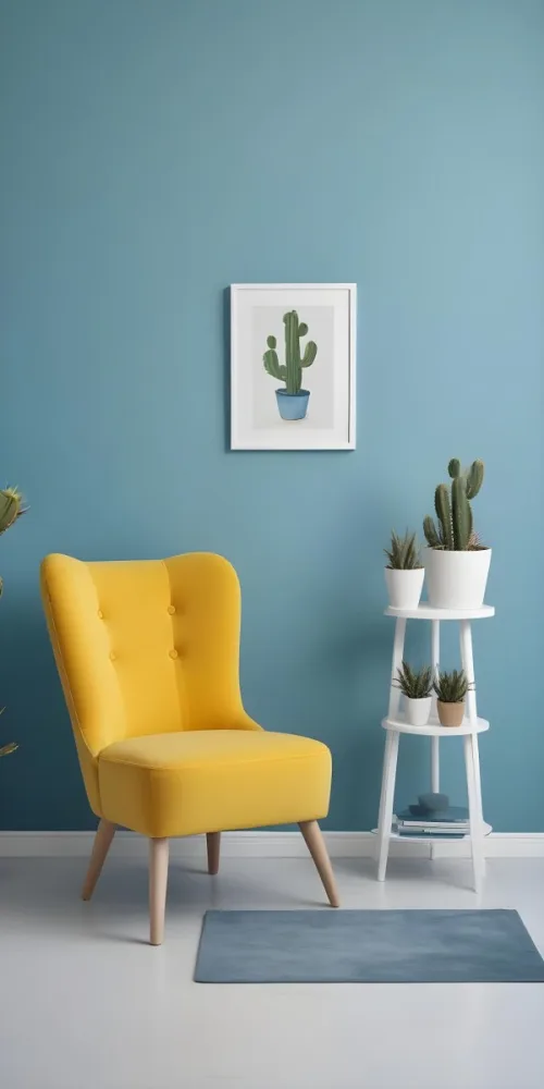 Yellow Armchair With A White Frame On The Wall And A White Table With Cactuses In A Blue Room 34 F182