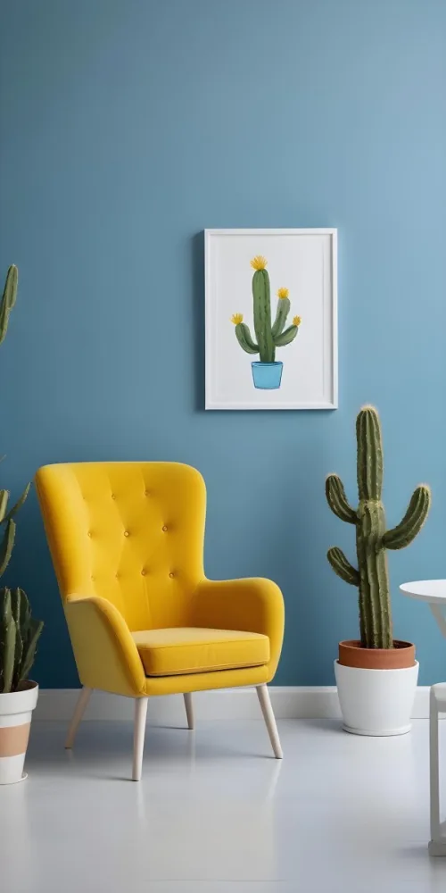 Yellow Armchair With A White Frame On The Wall And A White Table With Cactuses In A Blue Room 5 9d53