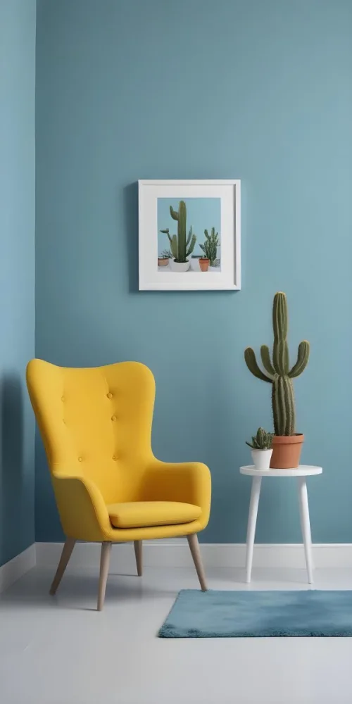 Yellow Armchair With A White Frame On The Wall And A White Table With Cactuses In A Blue Room 9 175a