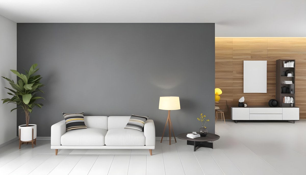 3d Model A Modern Living Room Featuring A Gray Sofa With Striped Cushions A Round Wooden Coffee Table And A Floor Lamp With A Yellow Shade The Background Has A Gray Wall And A Wooden Panel With A Desk And A Yellow Cha 4 1699