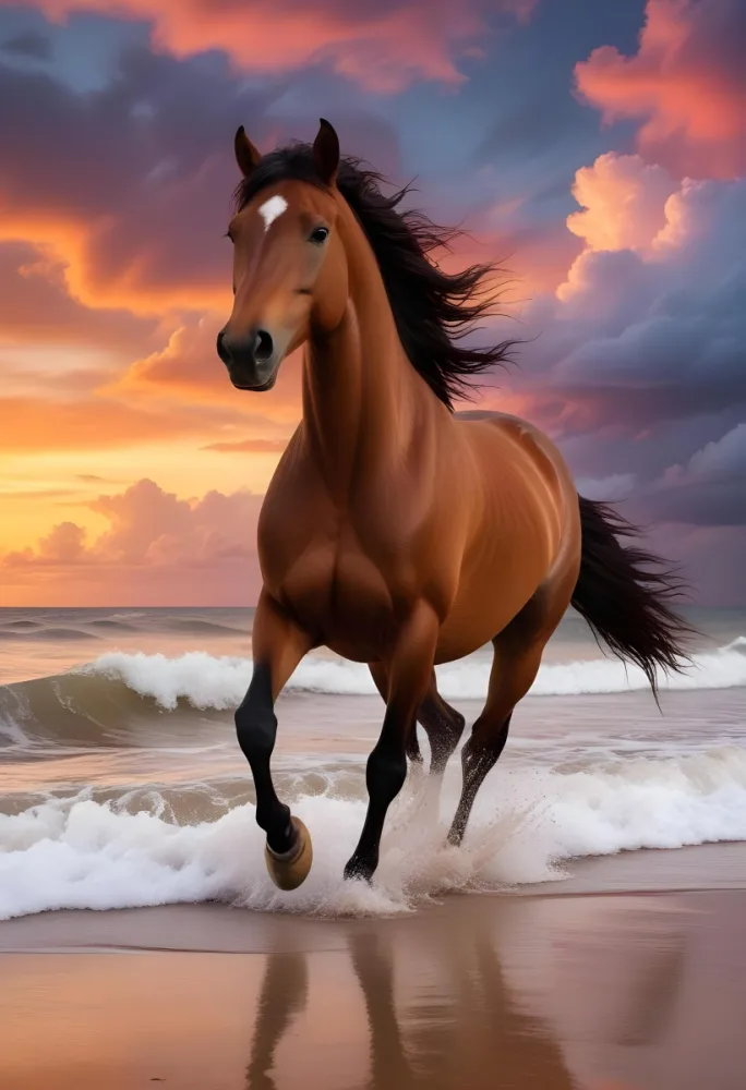 Minimal Soft Studio Light Photography A Brown Horse Running On A Beach At Sunset With Birds Flying In The Clouds The Horse Has A Flowing Mane And Is Surrounded By Dramatic Clouds And A Colorful Sky High Detail Soli 5 D7f5