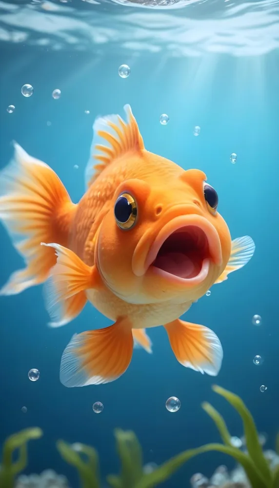 Minimal Soft Studio Light Photography A Cheerful Orange Goldfish With Large Expressive Eyes And A Wide Smile Swimming In Clear Blue Water With Bubbles Surrounding It The Fish Has Distinct Fins And A Rounded Body Giv 51 75c7