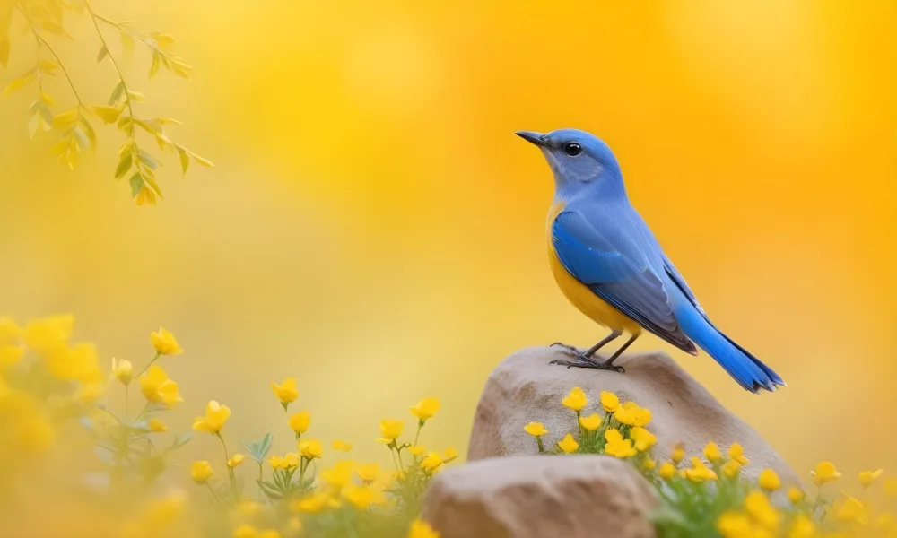 Minimal Soft Studio Light Photography A Small Blue Bird With A Yellow Belly Perched On A Rock Surrounded By Yellow Flowers With A Bright Yellow And Orange Bokeh Background High Detail Solid Bold Color Background 7 361c