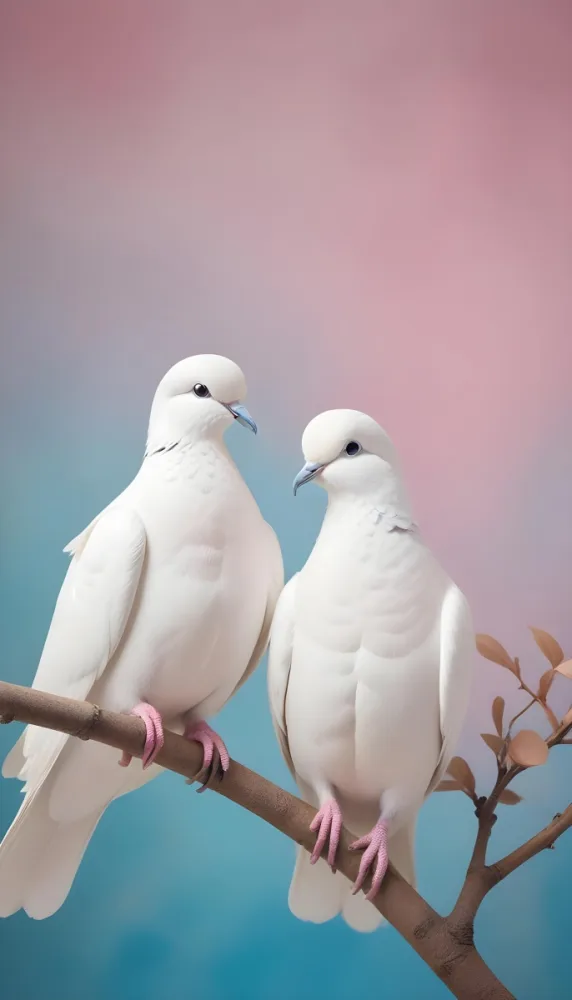 Minimal Soft Studio Light Photography Two White Doves Perched On A Branch Set Against A Soft Pastel Colored Background With Shades Of Pink And Blue High Detail Solid Bold Color Background 30 D402