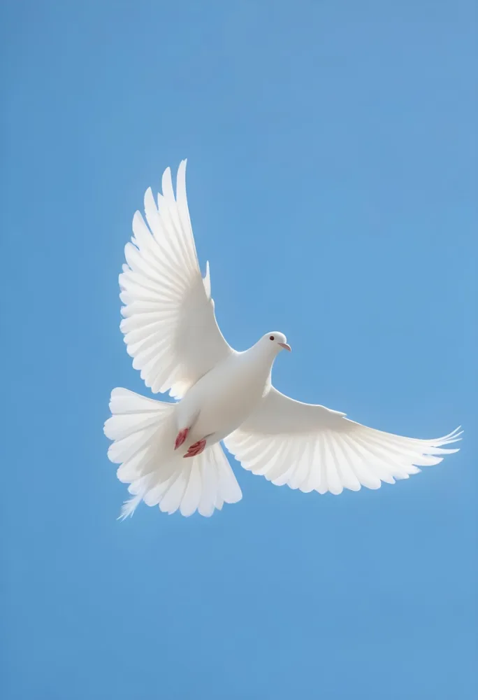 Minimal Soft Studio Light Photography White Dove In Flight Against A Clear Blue Sky Wings Spread Wide With Detailed Feather Patterns High Detail Solid Bold Color Background 7 A422
