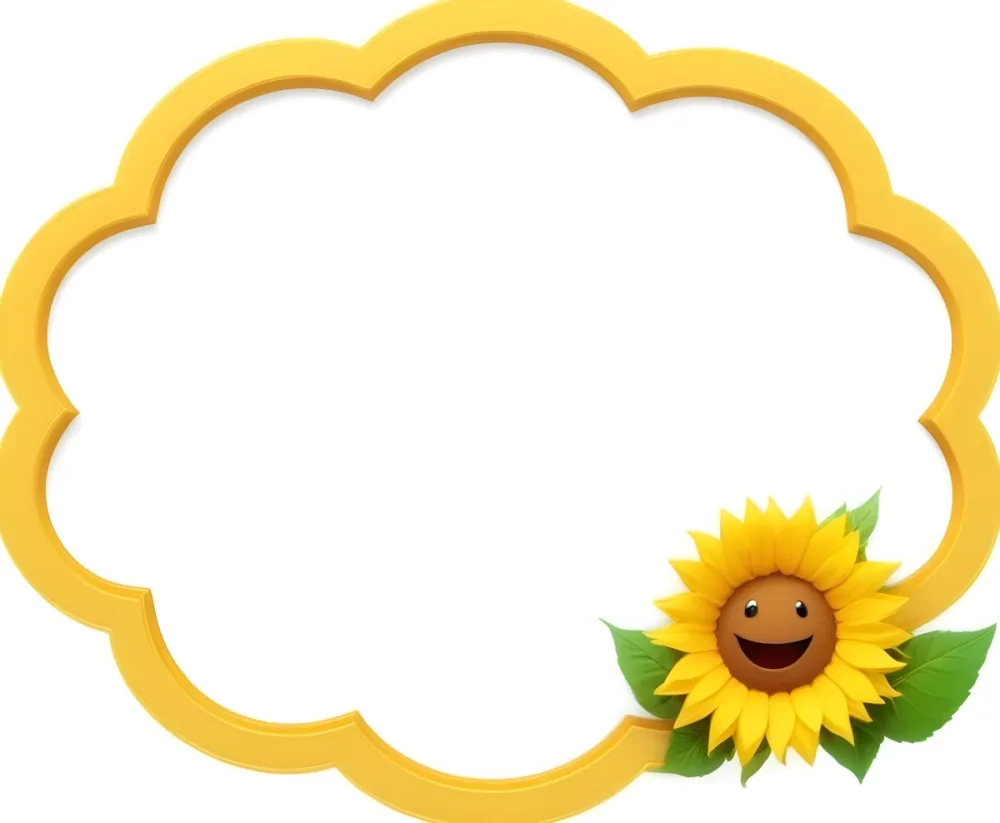 3d Model A Blank Cloud Shaped Frame With A Yellow Outline Featuring Two Cheerful Sunflowers With Smiling Faces And Green Leaves At The Bottom Right Corner The Background Is White Figure Octane Render Volumetric Hi 20 Fac4