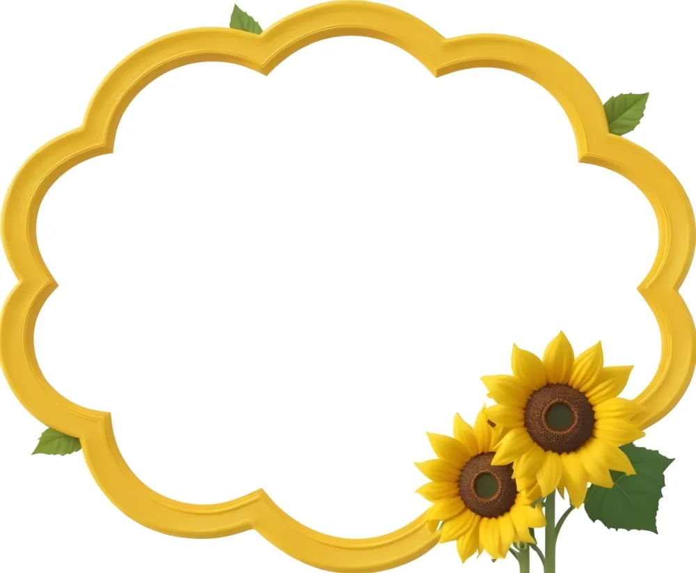 3d Model A Blank Cloud Shaped Frame With A Yellow Outline Featuring Two Cheerful Sunflowers With Smiling Faces And Green Leaves At The Bottom Right Corner The Background Is White Figure Octane Render Volumetric Hi 3 7f29