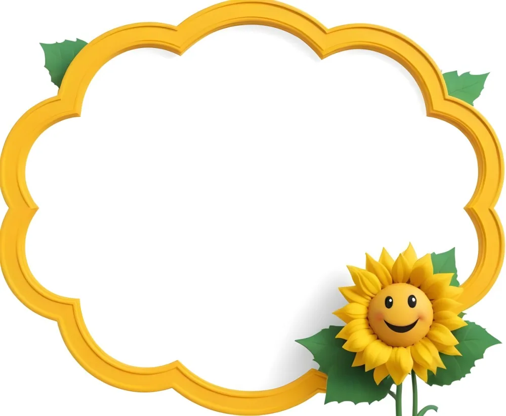 3d Model A Blank Cloud Shaped Frame With A Yellow Outline Featuring Two Cheerful Sunflowers With Smiling Faces And Green Leaves At The Bottom Right Corner The Background Is White Figure Octane Render Volumetric Hi 32 Bc25