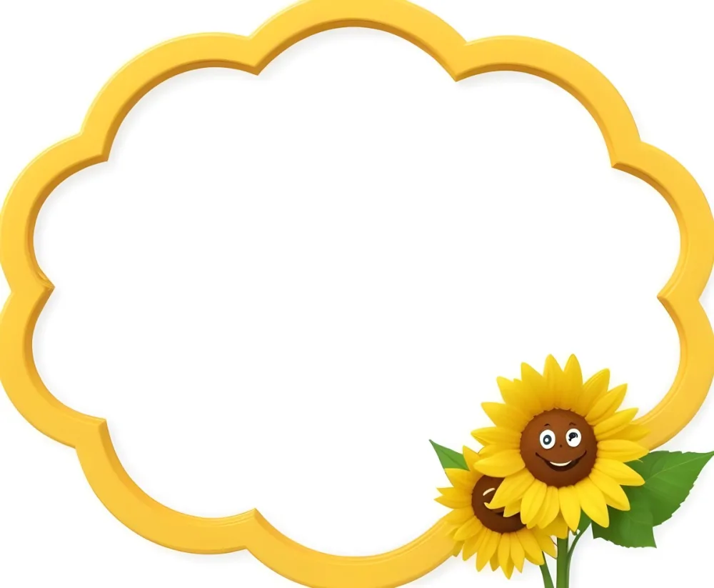 3d Model A Blank Cloud Shaped Frame With A Yellow Outline Featuring Two Cheerful Sunflowers With Smiling Faces And Green Leaves At The Bottom Right Corner The Background Is White Figure Octane Render Volumetric Hi 34 65ca