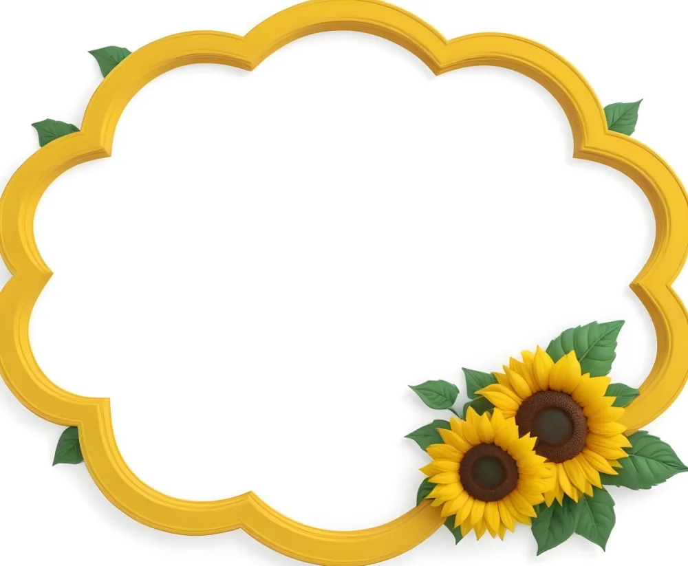 3d Model A Blank Cloud Shaped Frame With A Yellow Outline Featuring Two Cheerful Sunflowers With Smiling Faces And Green Leaves At The Bottom Right Corner The Background Is White Figure Octane Render Volumetric Hi 5 5f4c
