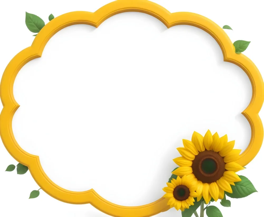 3d Model A Blank Cloud Shaped Frame With A Yellow Outline Featuring Two Cheerful Sunflowers With Smiling Faces And Green Leaves At The Bottom Right Corner The Background Is White Figure Octane Render Volumetric Hi 7 C172