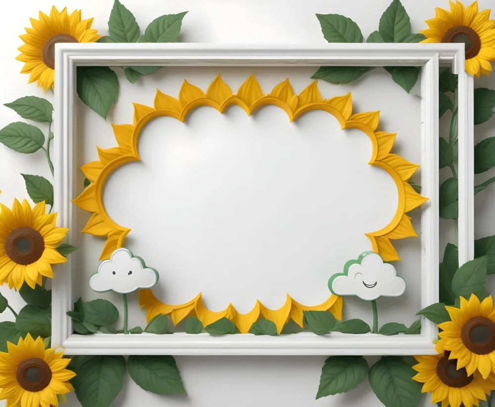 3d Model A Blank Cloud Shaped Frame With A Yellow Outline Featuring Two Cheerful Sunflowers With Smiling Faces And Green Leaves At The Bottom Right Corner The Background Is White Figure Octane Render Volumetric Hi 9 740f