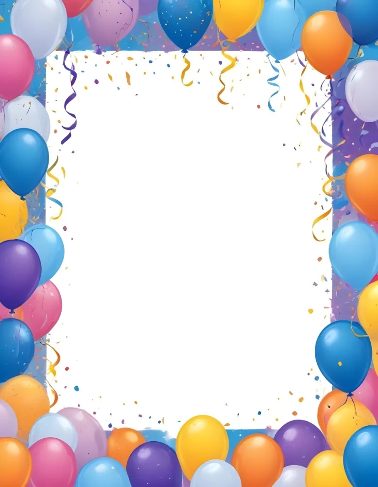 3d Model A Blank White Center Surrounded By Colorful Balloons In Various Shades Including Blue Yellow Pink Purple And Orange The Balloons Are Accompanied By Colorful Streamers And A Sparkly Blue Border Creat 5 582e