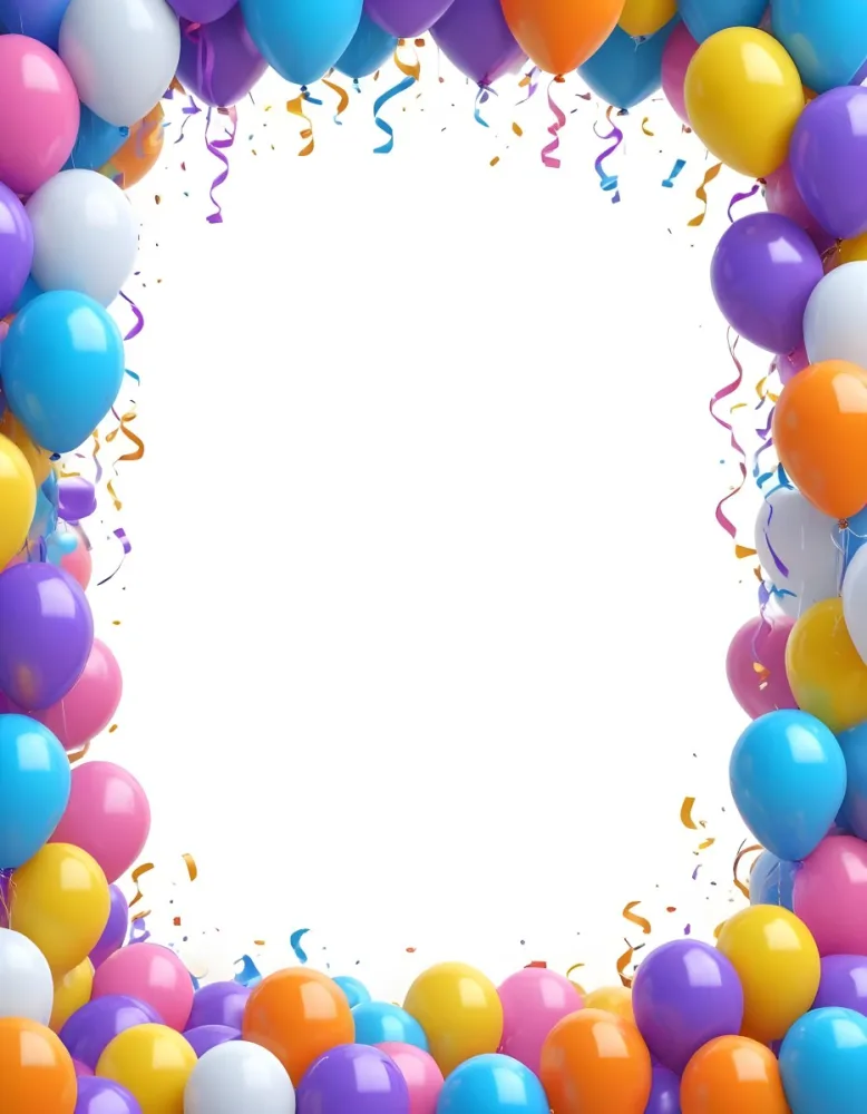 3d Model A Blank White Center Surrounded By Colorful Balloons In Various Shades Including Blue Yellow Pink Purple And Orange The Balloons Are Accompanied By Colorful Streamers And A Sparkly Blue Border Creat 6 F609