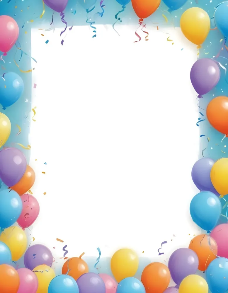 3d Model A Blank White Center Surrounded By Colorful Balloons In Various Shades Including Blue Yellow Pink Purple And Orange The Balloons Are Accompanied By Colorful Streamers And A Sparkly Blue Border Creat 7 757f