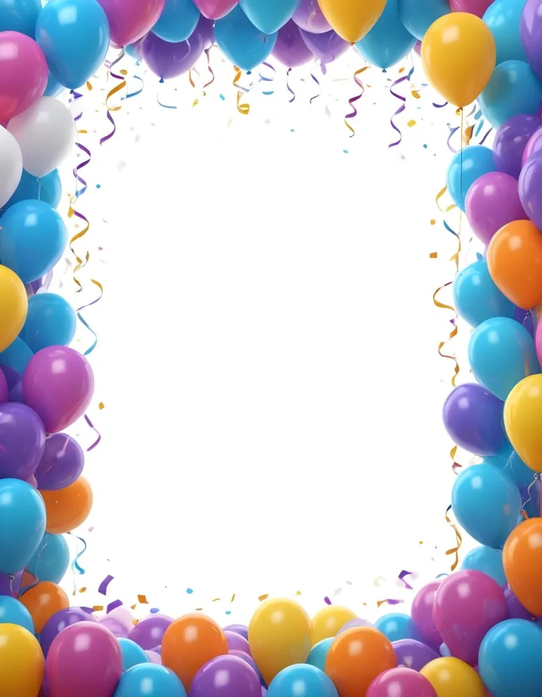 3d Model A Blank White Center Surrounded By Colorful Balloons In Various Shades Including Blue Yellow Pink Purple And Orange The Balloons Are Accompanied By Colorful Streamers And A Sparkly Blue Border Creat 8 1082