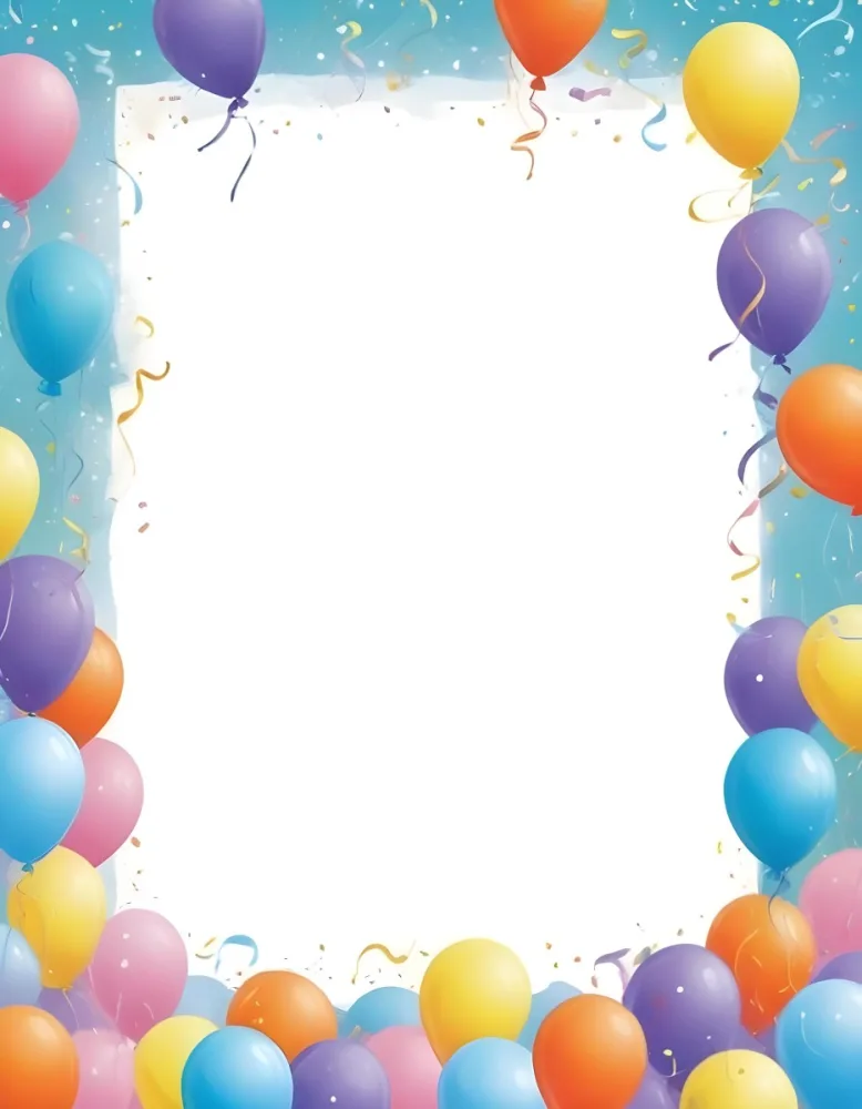 3d Model A Blank White Center Surrounded By Colorful Balloons In Various Shades Including Blue Yellow Pink Purple And Orange The Balloons Are Accompanied By Colorful Streamers And A Sparkly Blue Border Creat 9 706b