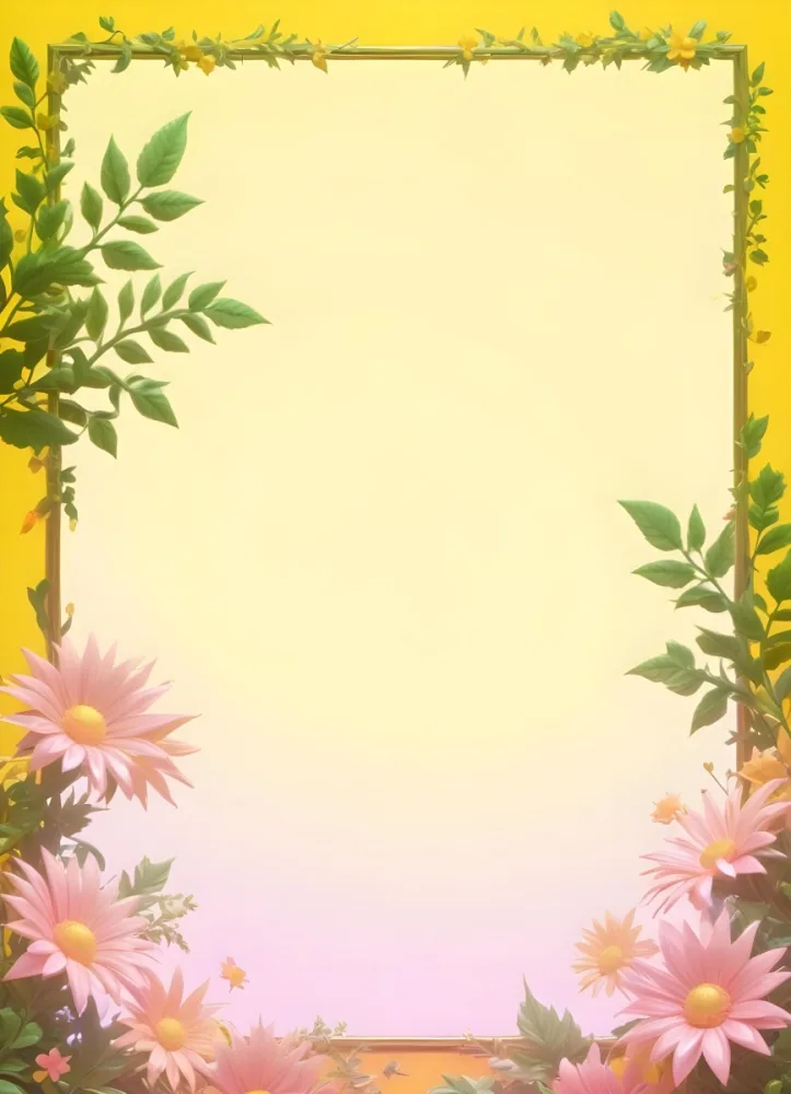 3d Model A Bright Yellow Background With A Large Sun In The Upper Center The Borders Are Adorned With Green Leaves And Pink Flowers At The Bottom Creating A Floral Frame The Center Is Empty Providing Space For Text O 13 B460