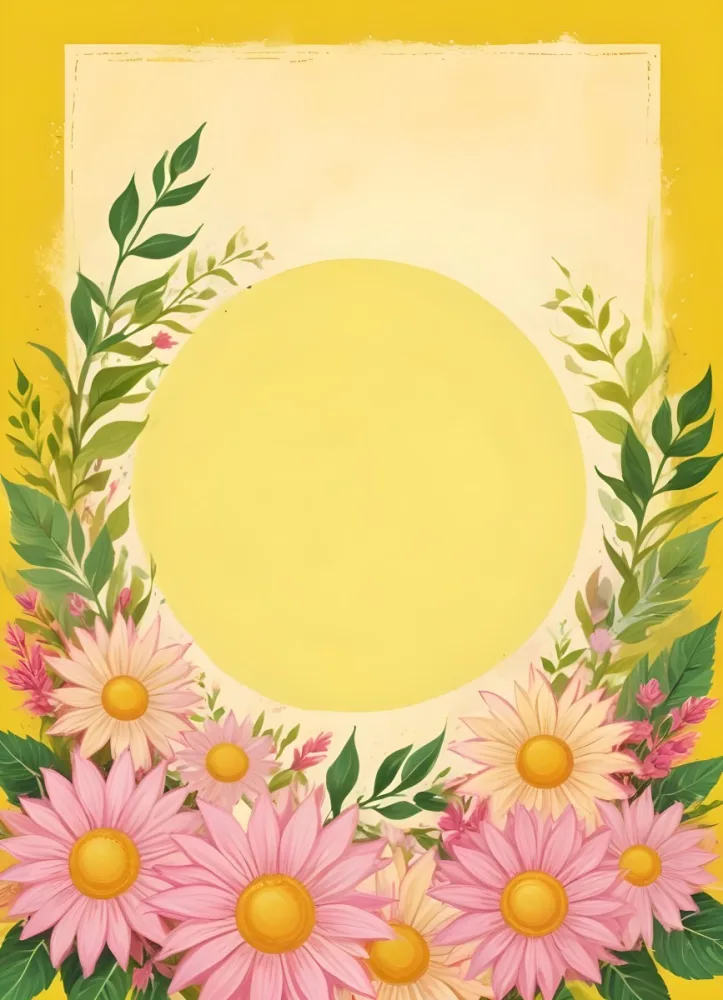3d Model A Bright Yellow Background With A Large Sun In The Upper Center The Borders Are Adorned With Green Leaves And Pink Flowers At The Bottom Creating A Floral Frame The Center Is Empty Providing Space For Text O 17 9f38