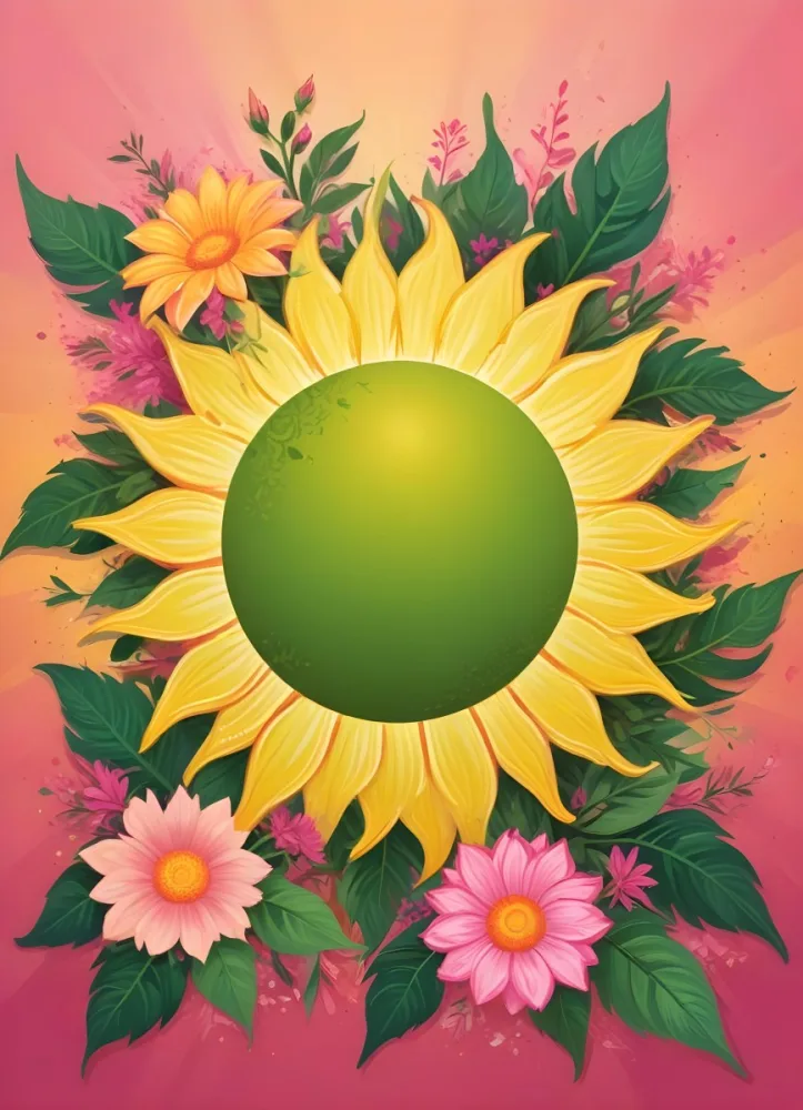 3d Model A Bright Yellow Background With A Large Sun In The Upper Center The Borders Are Adorned With Green Leaves And Pink Flowers At The Bottom Creating A Floral Frame The Center Is Empty Providing Space For Text O 24 7c4a