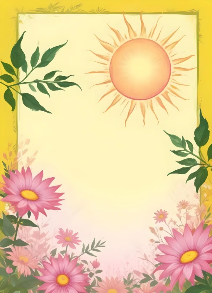 3d Model A Bright Yellow Background With A Large Sun In The Upper Center The Borders Are Adorned With Green Leaves And Pink Flowers At The Bottom Creating A Floral Frame The Center Is Empty Providing Space For Text O 29 6ecc