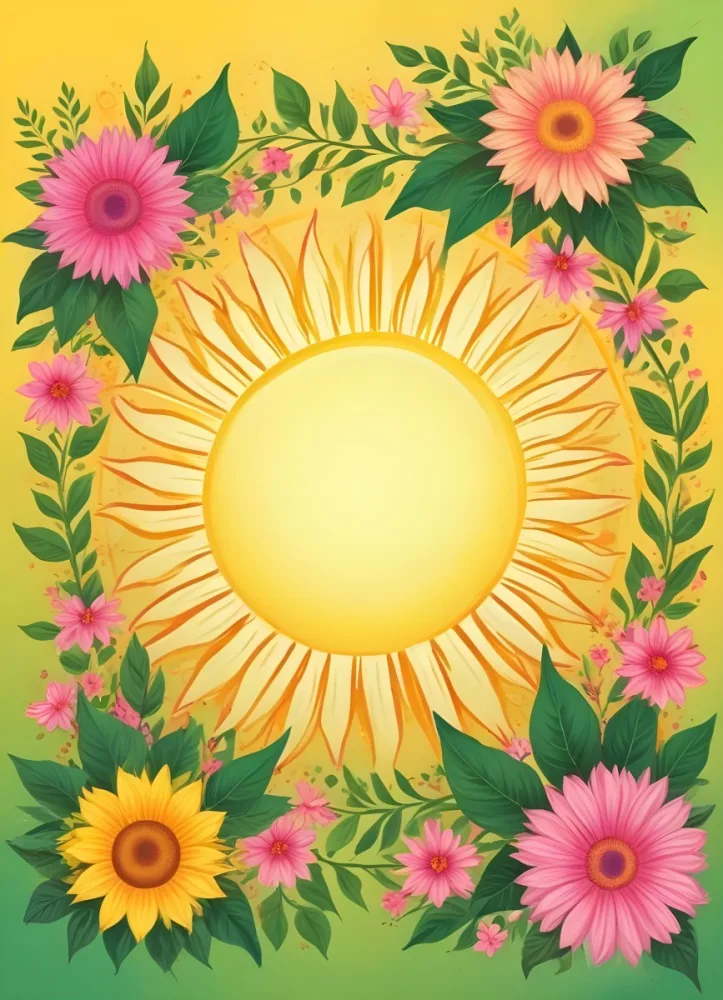 3d Model A Bright Yellow Background With A Large Sun In The Upper Center The Borders Are Adorned With Green Leaves And Pink Flowers At The Bottom Creating A Floral Frame The Center Is Empty Providing Space For Text O 32 3fe9