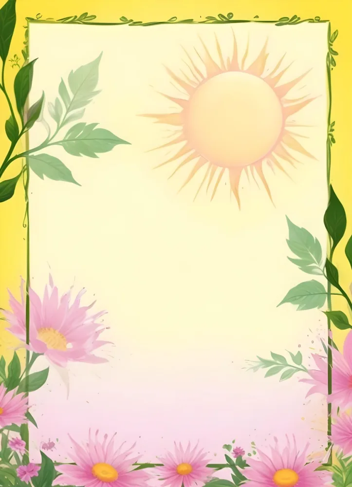 3d Model A Bright Yellow Background With A Large Sun In The Upper Center The Borders Are Adorned With Green Leaves And Pink Flowers At The Bottom Creating A Floral Frame The Center Is Empty Providing Space For Text O 36 B749
