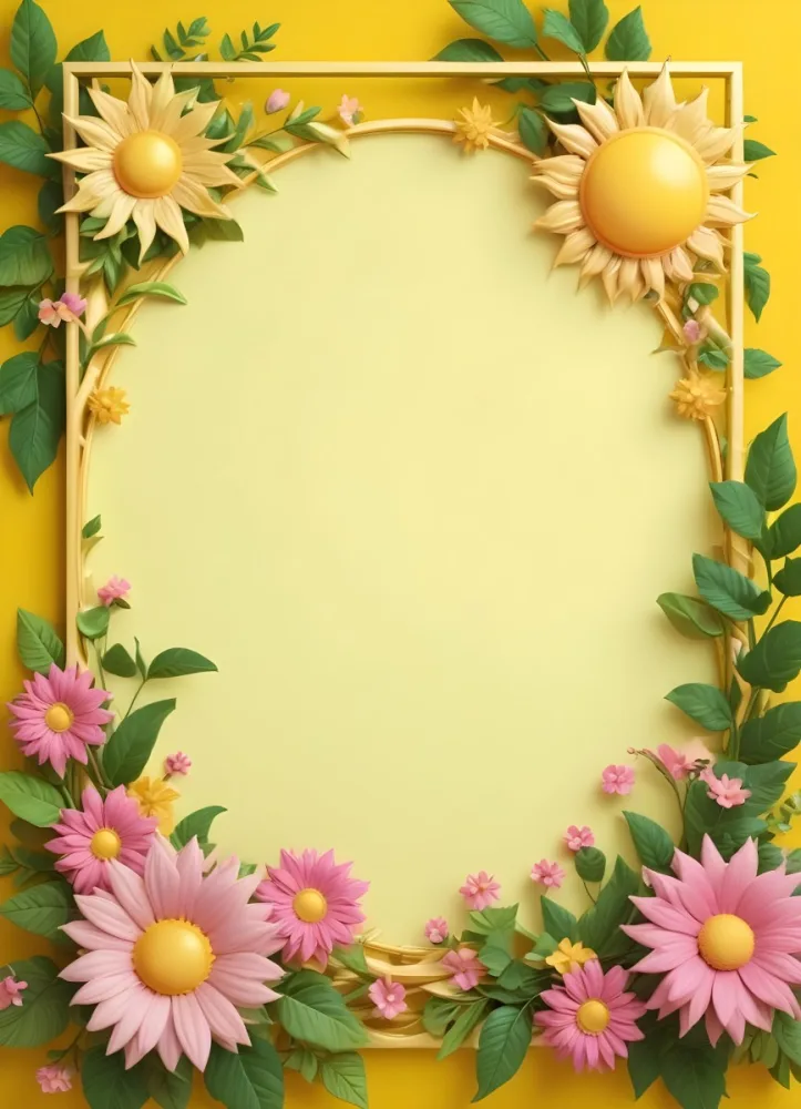 3d Model A Bright Yellow Background With A Large Sun In The Upper Center The Borders Are Adorned With Green Leaves And Pink Flowers At The Bottom Creating A Floral Frame The Center Is Empty Providing Space For Text O 4 81e1