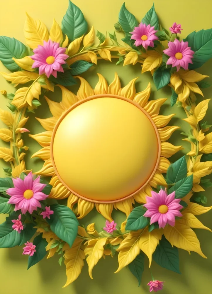 3d Model A Bright Yellow Background With A Large Sun In The Upper Center The Borders Are Adorned With Green Leaves And Pink Flowers At The Bottom Creating A Floral Frame The Center Is Empty Providing Space For Text O 44 03f8