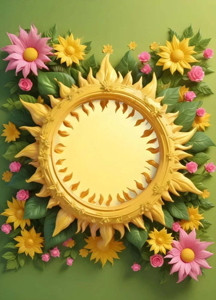 3d Model A Bright Yellow Background With A Large Sun In The Upper Center The Borders Are Adorned With Green Leaves And Pink Flowers At The Bottom Creating A Floral Frame The Center Is Empty Providing Space For Text O 46 557d