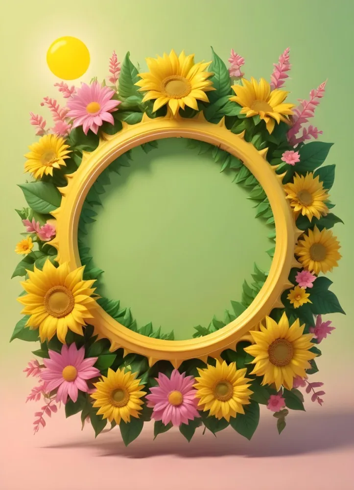 3d Model A Bright Yellow Background With A Large Sun In The Upper Center The Borders Are Adorned With Green Leaves And Pink Flowers At The Bottom Creating A Floral Frame The Center Is Empty Providing Space For Text O 47 294c