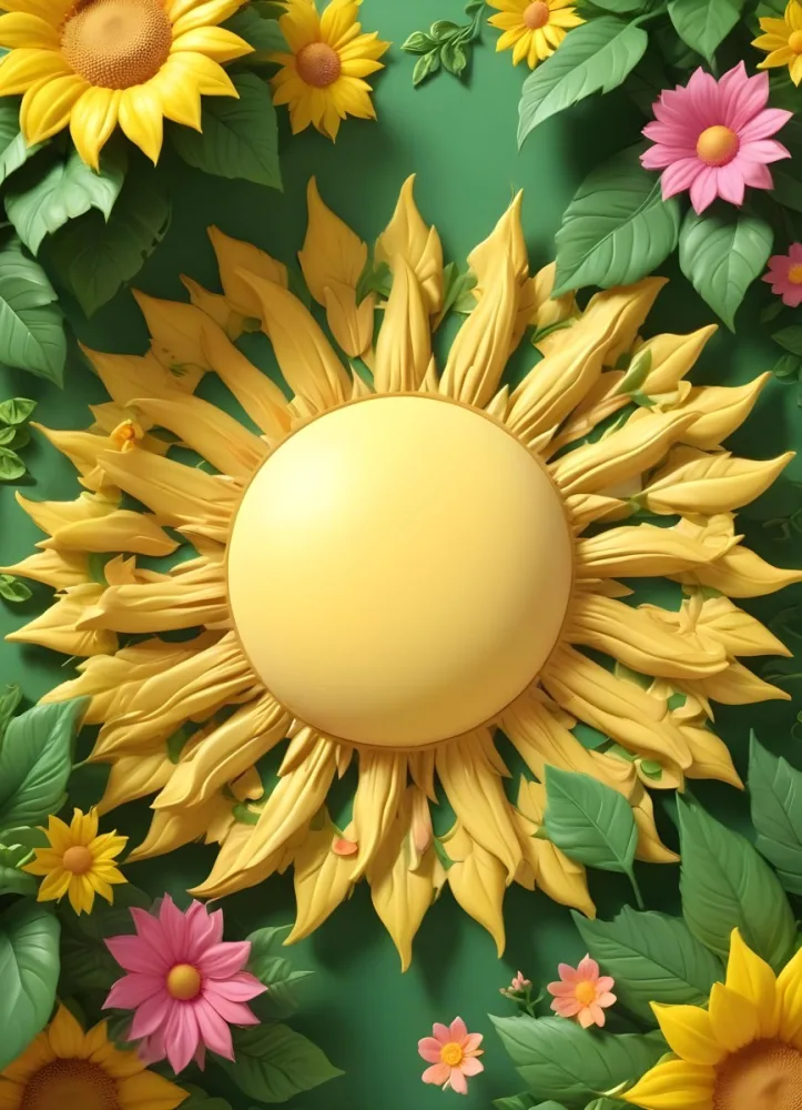 3d Model A Bright Yellow Background With A Large Sun In The Upper Center The Borders Are Adorned With Green Leaves And Pink Flowers At The Bottom Creating A Floral Frame The Center Is Empty Providing Space For Text O 48 996f