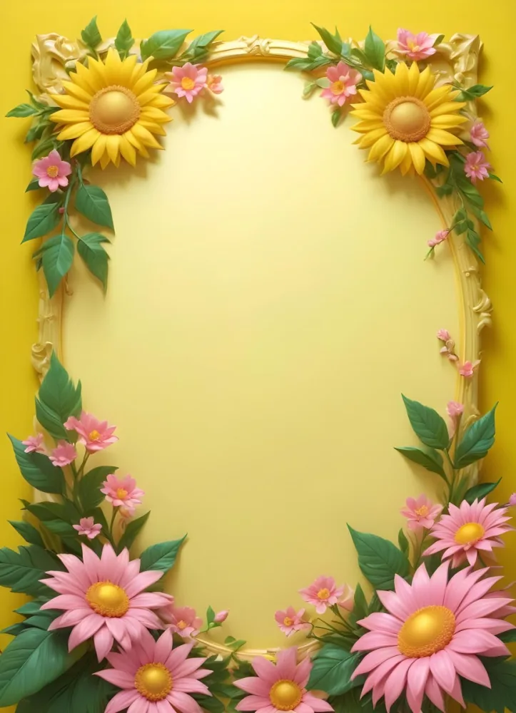 3d Model A Bright Yellow Background With A Large Sun In The Upper Center The Borders Are Adorned With Green Leaves And Pink Flowers At The Bottom Creating A Floral Frame The Center Is Empty Providing Space For Text O 5 A8a2