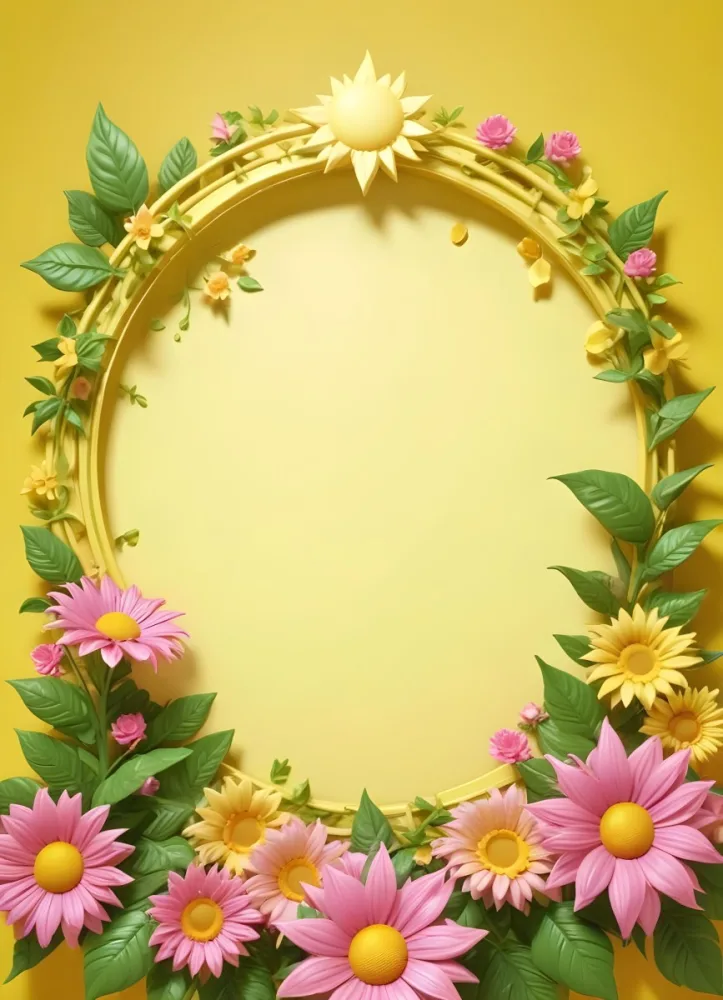 3d Model A Bright Yellow Background With A Large Sun In The Upper Center The Borders Are Adorned With Green Leaves And Pink Flowers At The Bottom Creating A Floral Frame The Center Is Empty Providing Space For Text O 7 324e