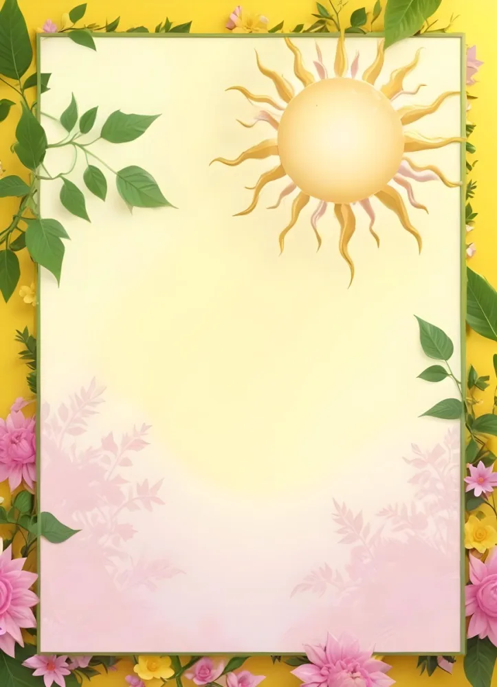 3d Model A Bright Yellow Background With A Large Sun In The Upper Center The Borders Are Adorned With Green Leaves And Pink Flowers At The Bottom Creating A Floral Frame The Center Is Empty Providing Space For Text O 8 D12d