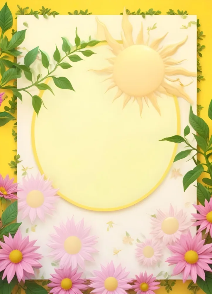 3d Model A Bright Yellow Background With A Large Sun In The Upper Center The Borders Are Adorned With Green Leaves And Pink Flowers At The Bottom Creating A Floral Frame The Center Is Empty Providing Space For Text O 9 Aae0