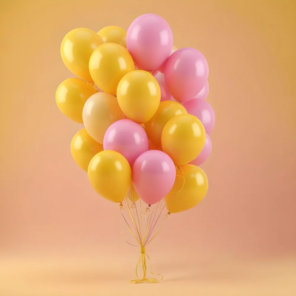 3d Model A Bunch Of Yellow And Pink Balloons Tied Together With Yellow Strings Isolated On A Yellow Background Minimalist Clean Bright Figure Octane Render Volumetric Highly Detailed Videogame Aesthetic 20 32e7