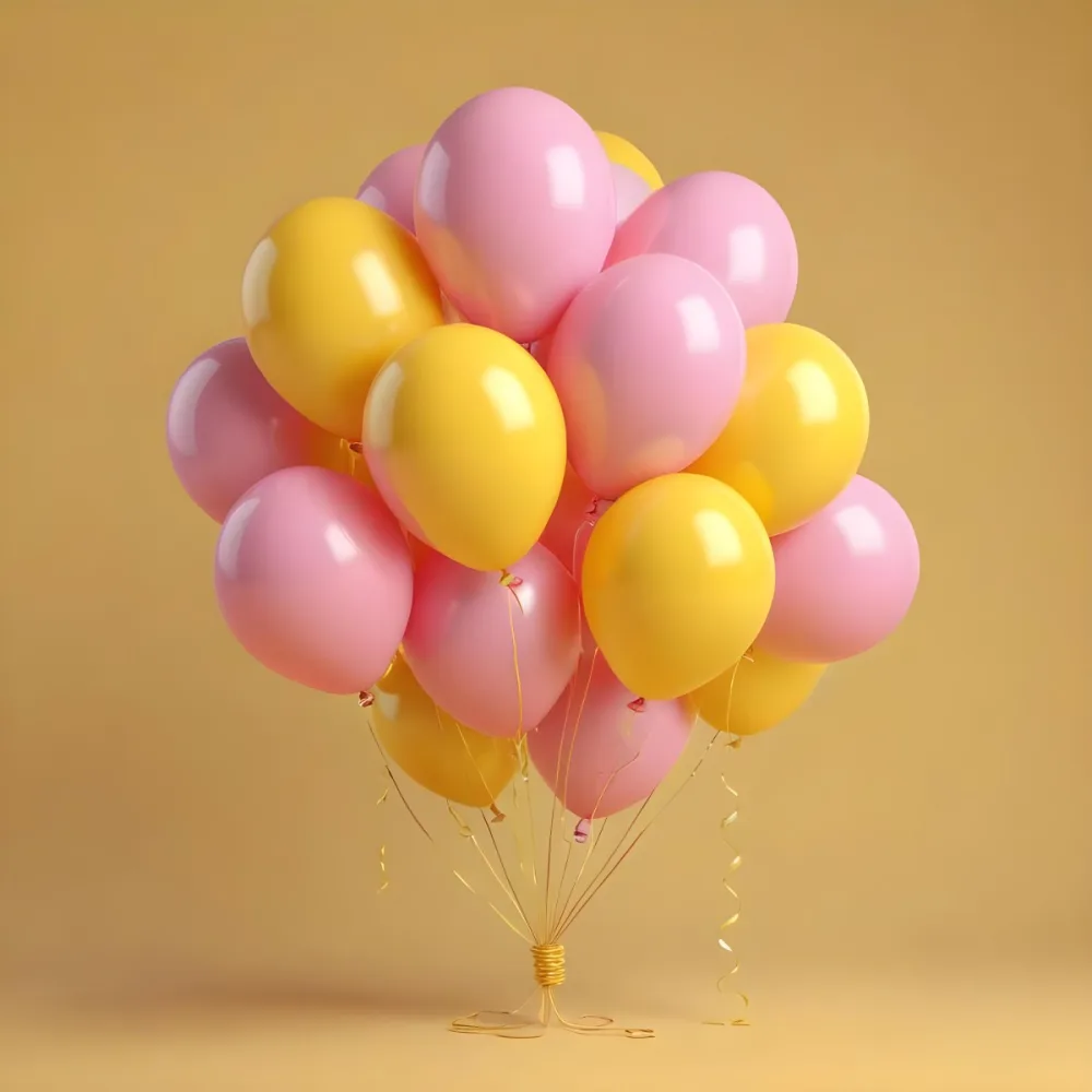 3d Model A Bunch Of Yellow And Pink Balloons Tied Together With Yellow Strings Isolated On A Yellow Background Minimalist Clean Bright Figure Octane Render Volumetric Highly Detailed Videogame Aesthetic 31 348f