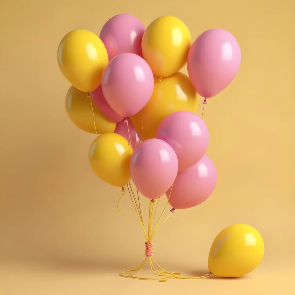 3d Model A Bunch Of Yellow And Pink Balloons Tied Together With Yellow Strings Isolated On A Yellow Background Minimalist Clean Bright Figure Octane Render Volumetric Highly Detailed Videogame Aesthetic 5 1c7c