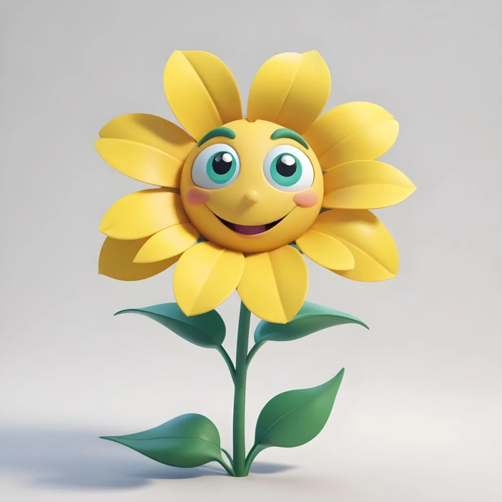 3d Model A Cartoon Style Flower With A Round Smiling Face Large Green Eyes And Bright Yellow Petals The Flower Has A Blue Stem And Two Yellow Leaves At The Base The Background Is Plain White Figure Octane Render V 209f
