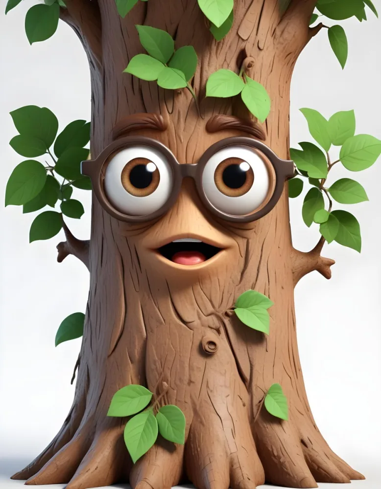 3d Model A Cartoon Tree Character With Glasses Brown Bark Texture Green Leaves On Top Expressive Face With Big Eyes In A White Background Figure Octane Render Volumetric Highly Detailed Videogame Aesthetic 12 8890