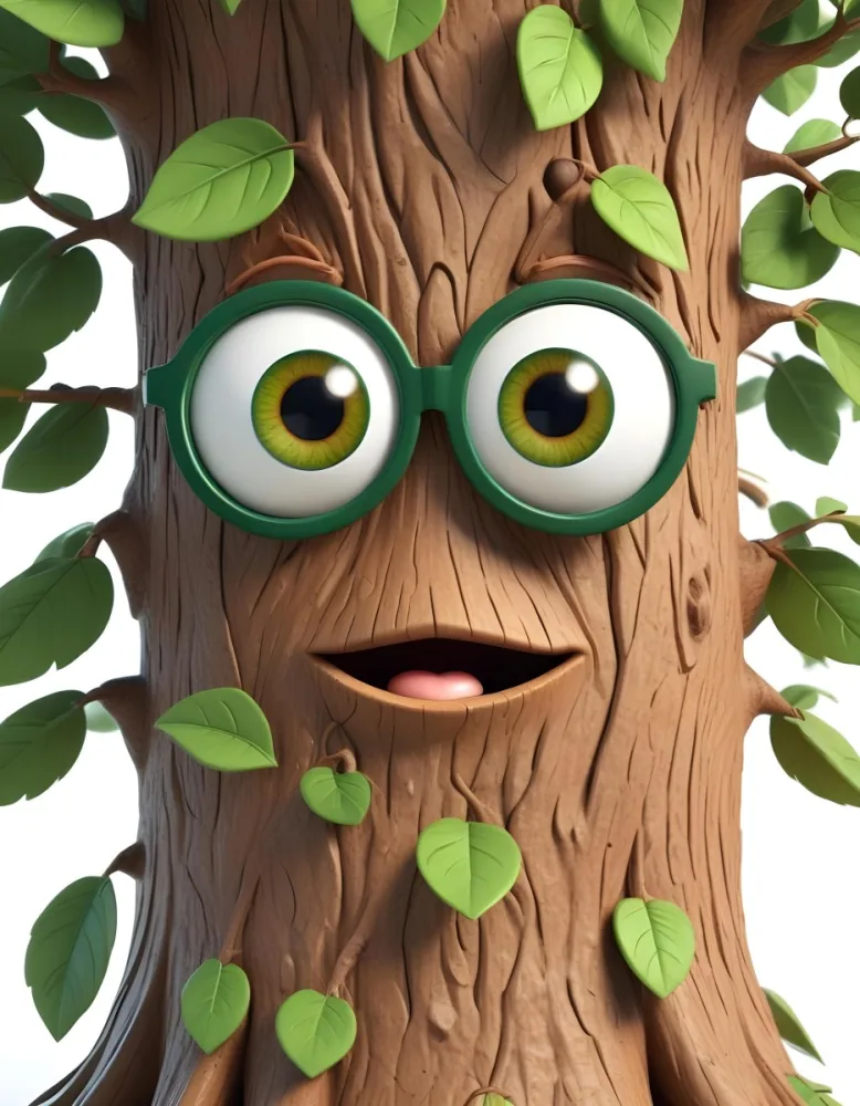 3d Model A Cartoon Tree Character With Glasses Brown Bark Texture Green Leaves On Top Expressive Face With Big Eyes In A White Background Figure Octane Render Volumetric Highly Detailed Videogame Aesthetic 13 85ff
