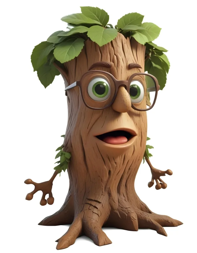 3d Model A Cartoon Tree Character With Glasses Brown Bark Texture Green Leaves On Top Expressive Face With Big Eyes In A White Background Figure Octane Render Volumetric Highly Detailed Videogame Aesthetic 14 95c6