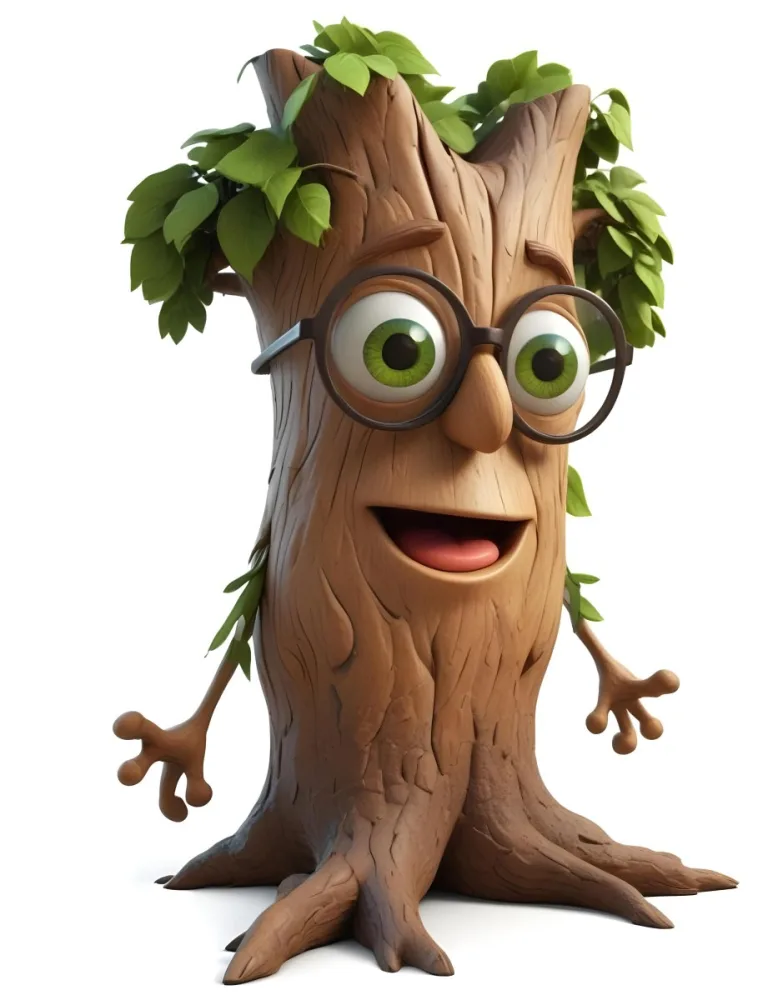 3d Model A Cartoon Tree Character With Glasses Brown Bark Texture Green Leaves On Top Expressive Face With Big Eyes In A White Background Figure Octane Render Volumetric Highly Detailed Videogame Aesthetic 15 Eb2d