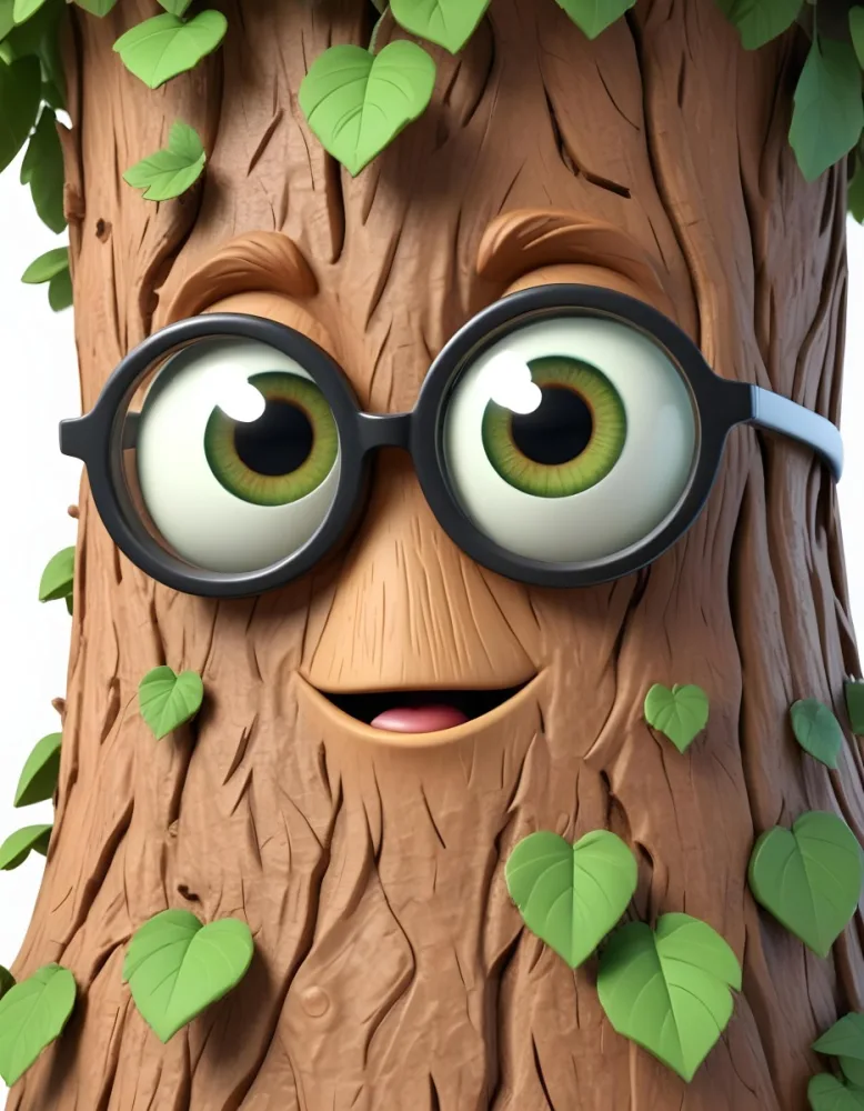 3d Model A Cartoon Tree Character With Glasses Brown Bark Texture Green Leaves On Top Expressive Face With Big Eyes In A White Background Figure Octane Render Volumetric Highly Detailed Videogame Aesthetic 2 C0a8